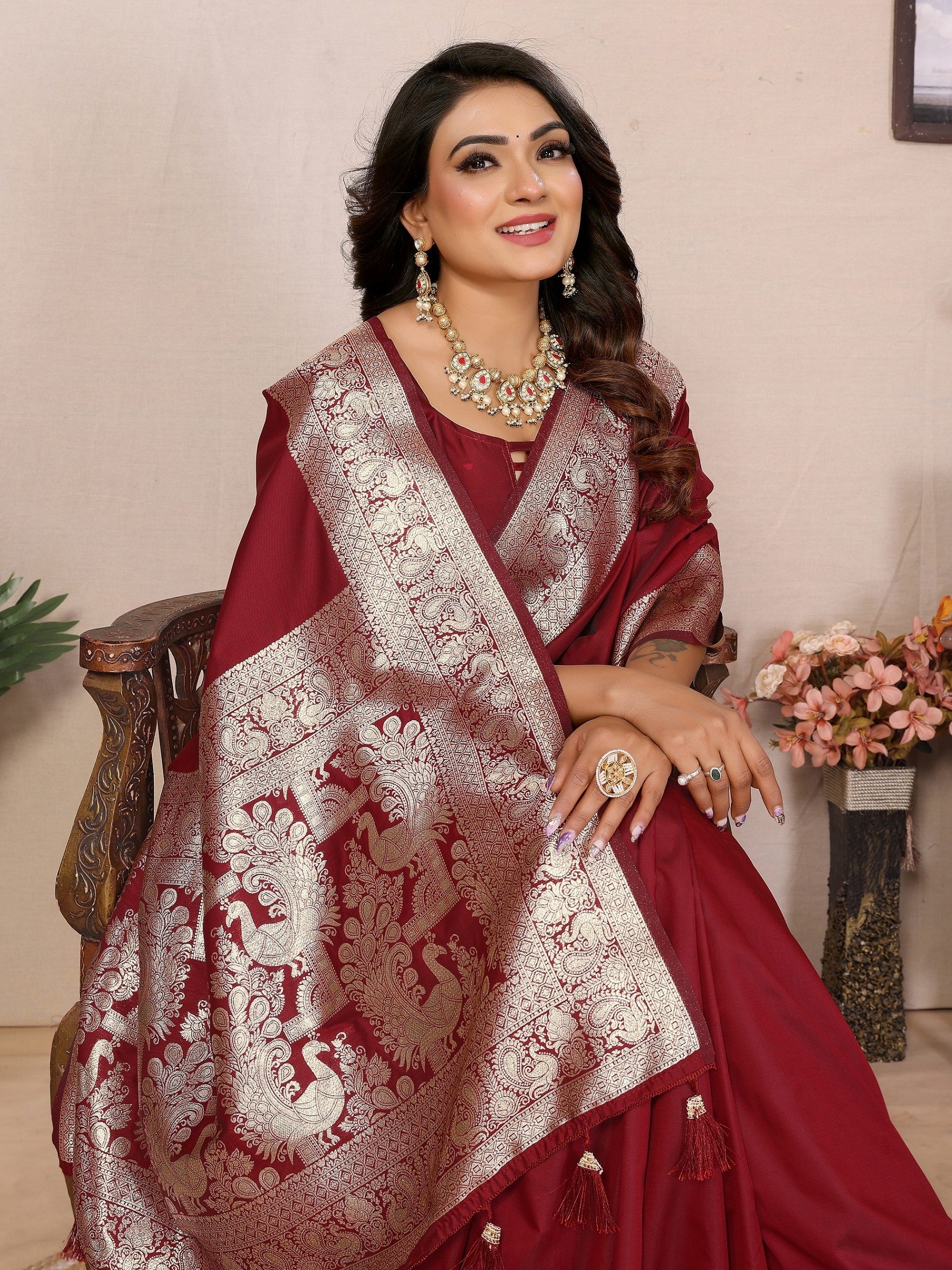 Vedant Vastram Soft Litchi Silk Banarasi Silk Saree - Maroon - Distacart