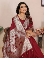 Thumbnail for Vedant Vastram Soft Litchi Silk Banarasi Silk Saree - Maroon - Distacart