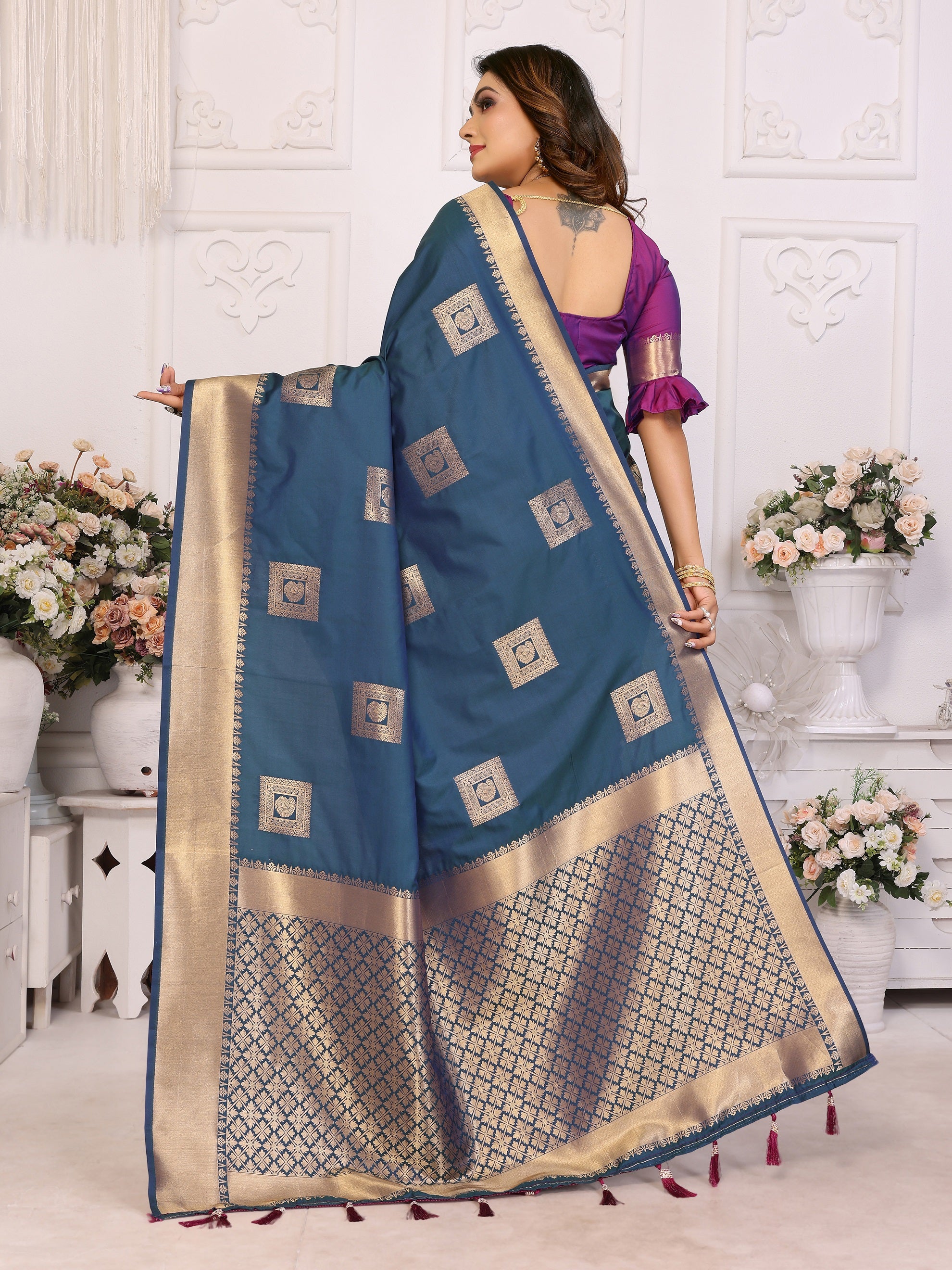 Vedant Vastram Soft Litchi Silk Banarasi Silk Saree - Blue - Distacart