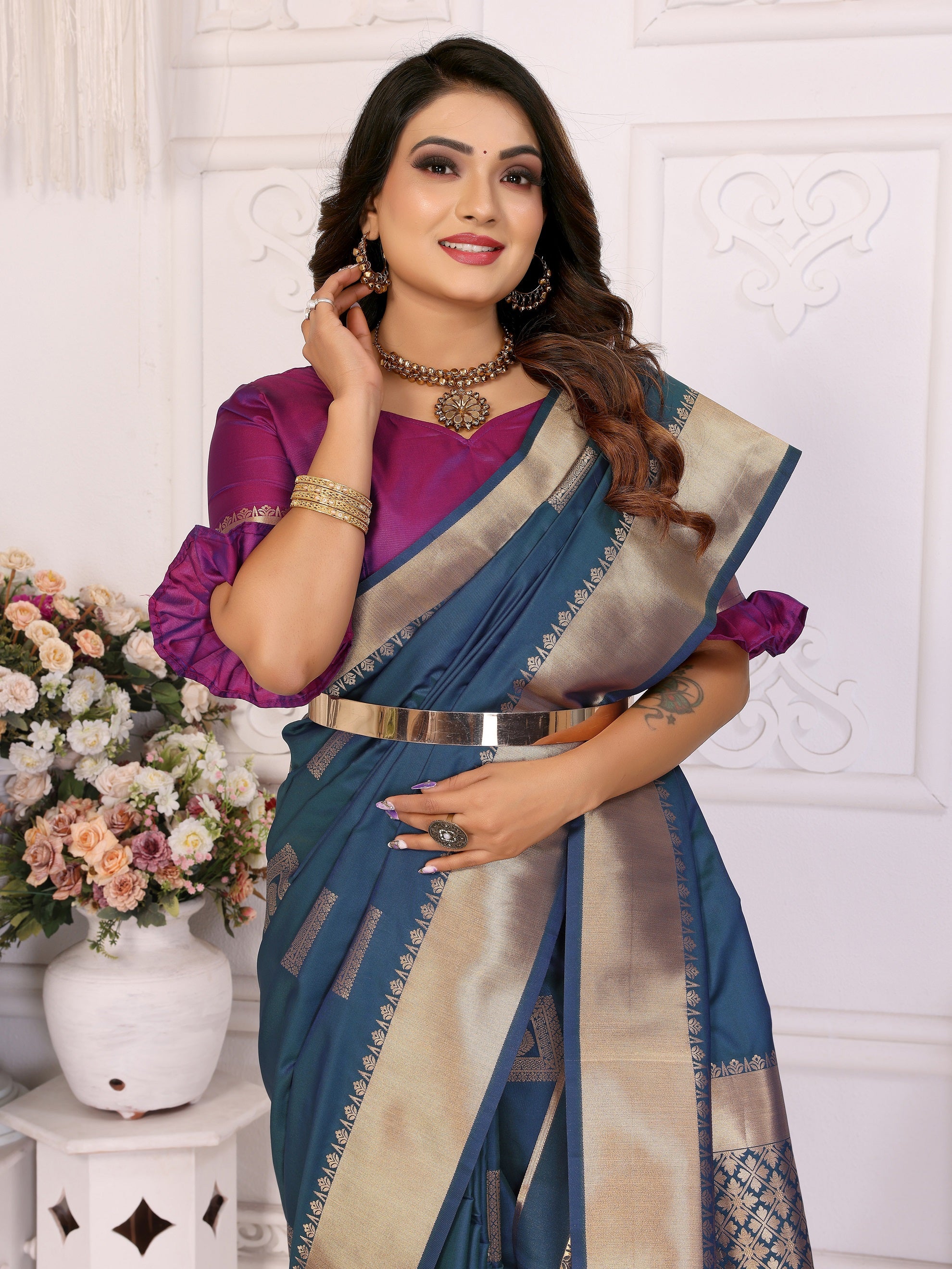 Vedant Vastram Soft Litchi Silk Banarasi Silk Saree - Blue - Distacart