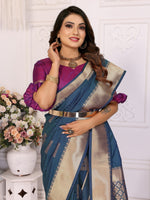 Thumbnail for Vedant Vastram Soft Litchi Silk Banarasi Silk Saree - Blue - Distacart