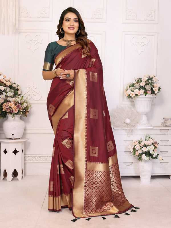 Vedant Vastram Soft Litchi Silk Banarasi Silk Saree - Maroon - Distacart
