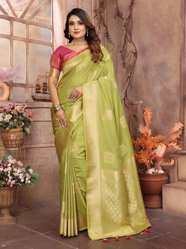 Vedant Vastram Soft Litchi Silk Banarasi Silk Saree - Olive - Distacart