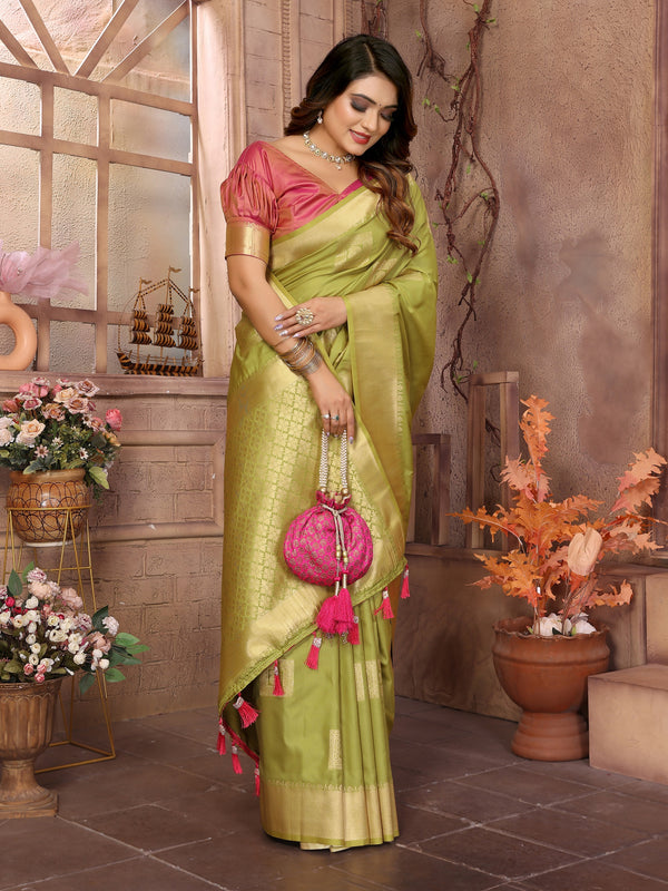 Vedant Vastram Soft Litchi Silk Banarasi Silk Saree - Olive - Distacart