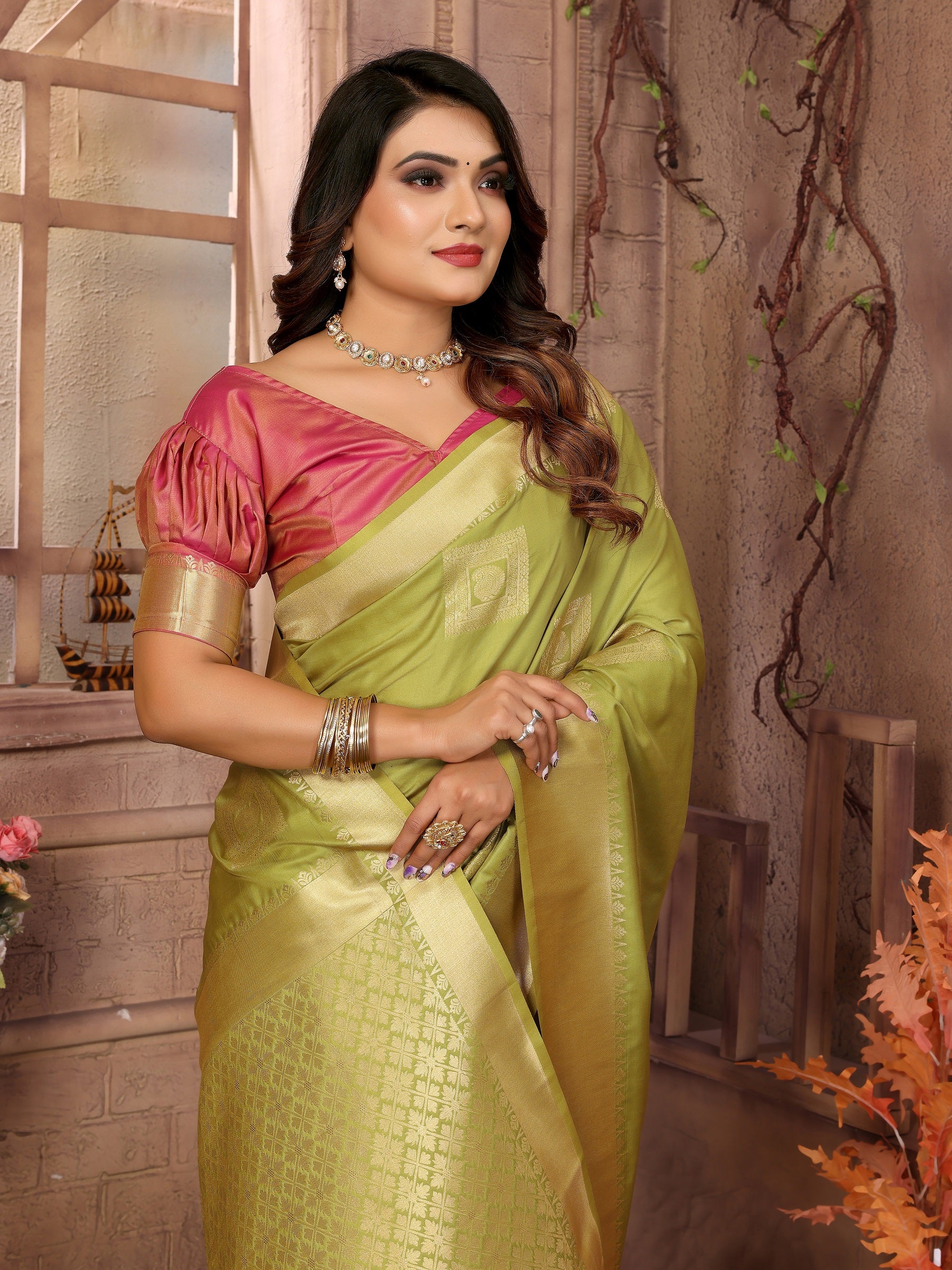 Vedant Vastram Soft Litchi Silk Banarasi Silk Saree - Olive - Distacart