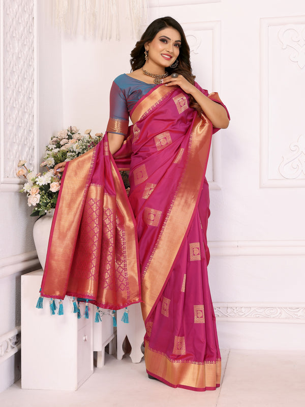 Vedant Vastram Soft Litchi Silk Banarasi Silk Saree - Pink - Distacart