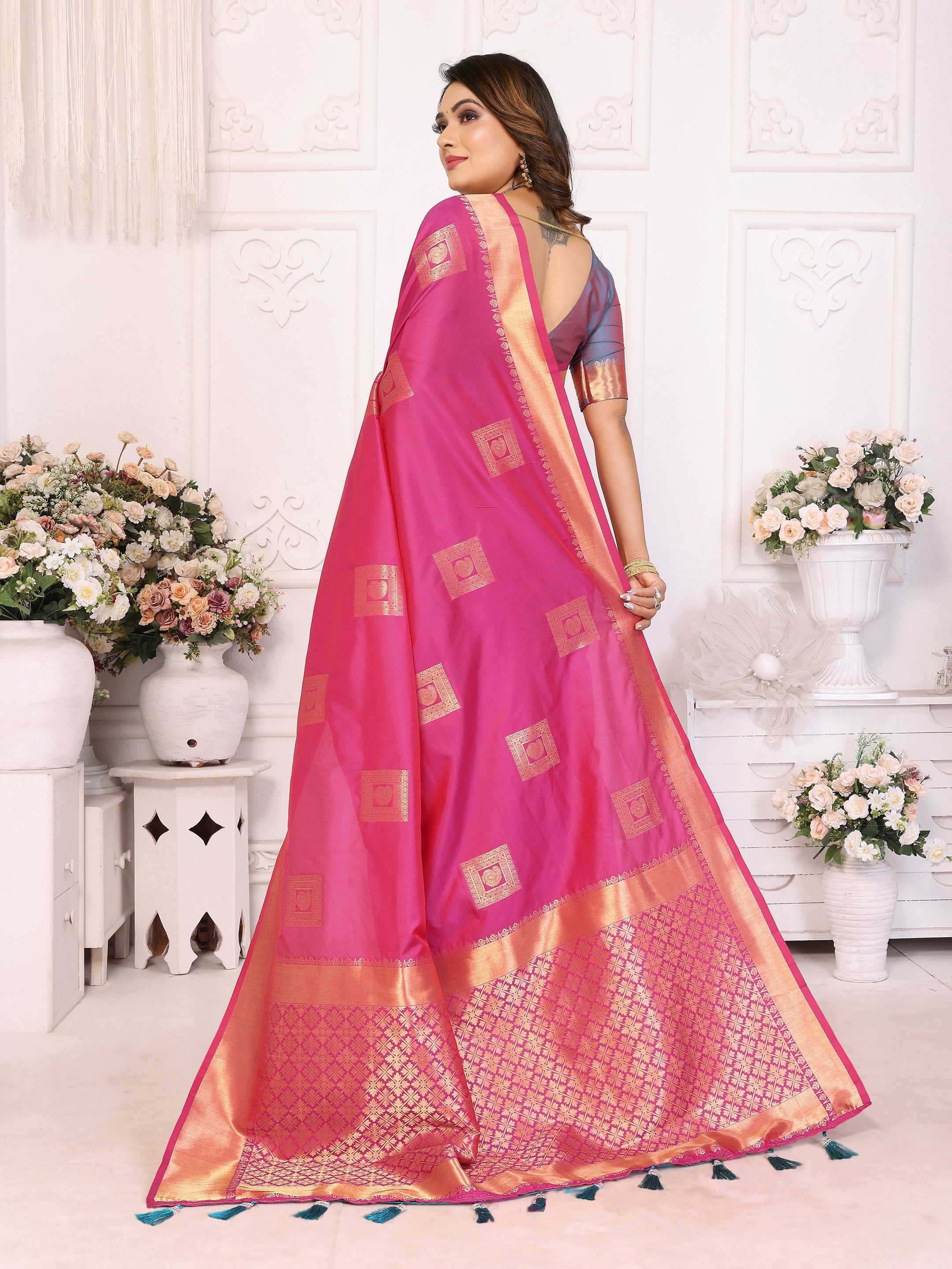 Vedant Vastram Soft Litchi Silk Banarasi Silk Saree - Pink - Distacart