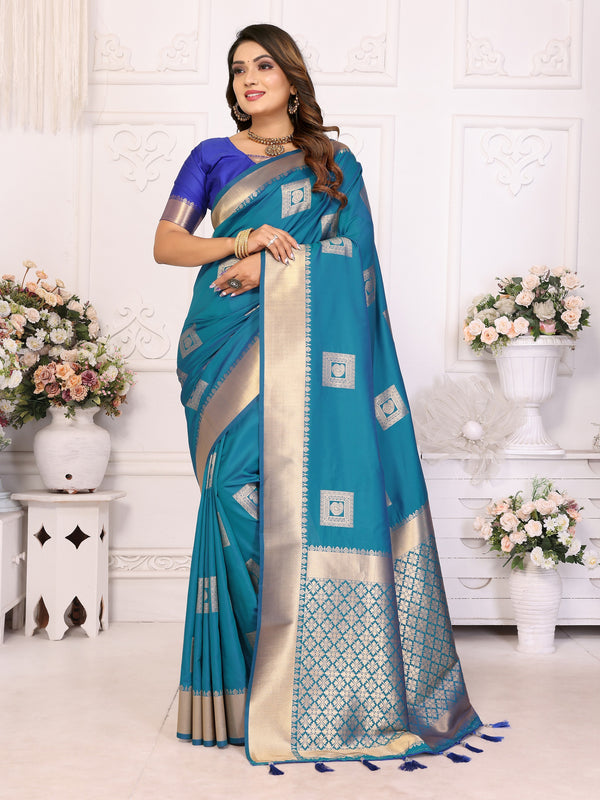 Vedant Vastram Soft Litchi Silk Banarasi Silk Saree - Rama - Distacart