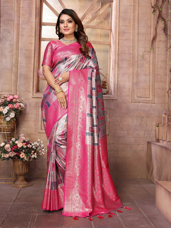 Vedant Vastram Soft Litchi Silk Kanjeevaram Silk Saree - Grey - Distacart