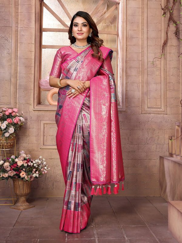 Vedant Vastram Soft Litchi Silk Kanjeevaram Silk Saree - Grey - Distacart