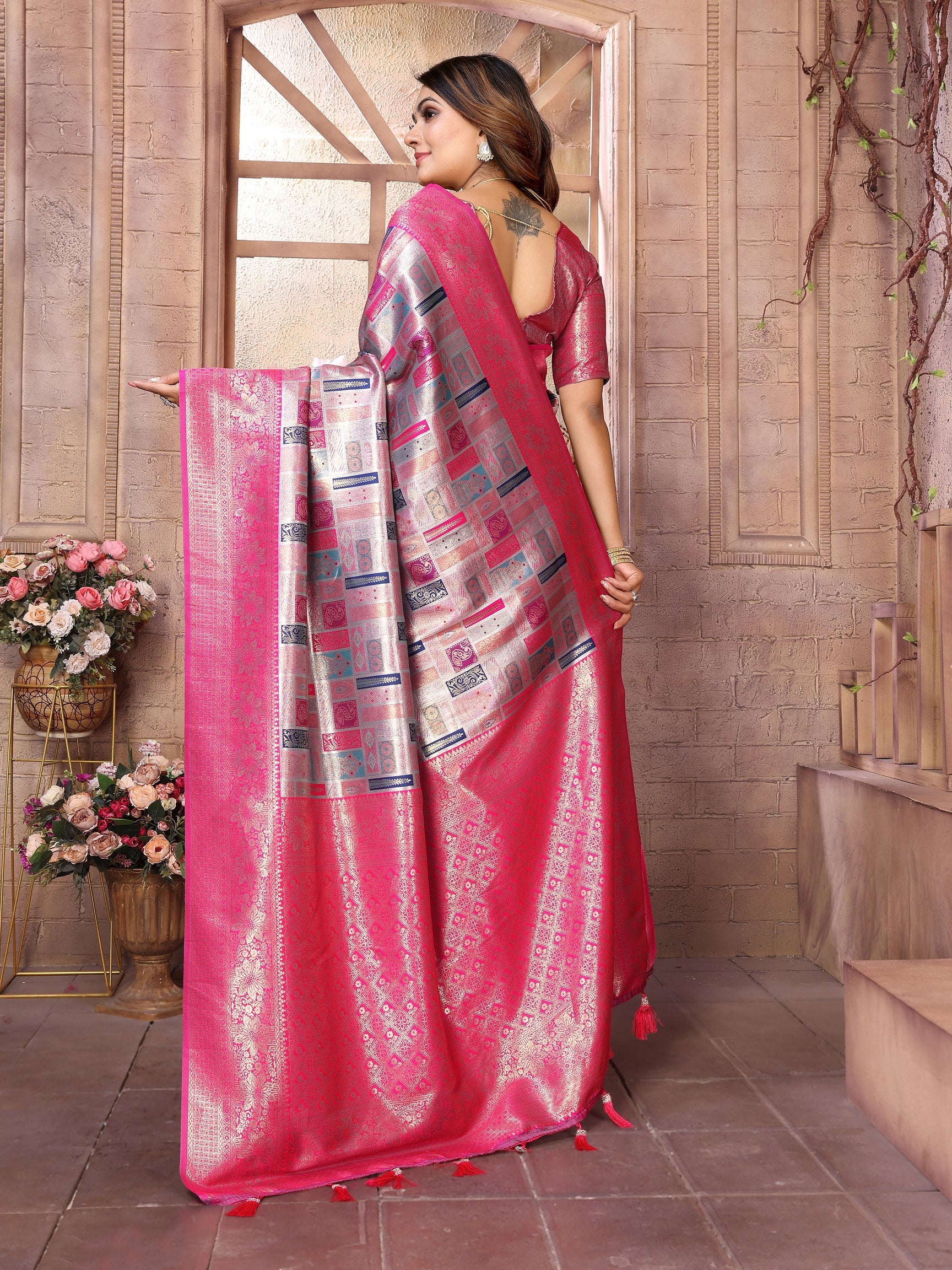 Vedant Vastram Soft Litchi Silk Kanjeevaram Silk Saree - Grey - Distacart