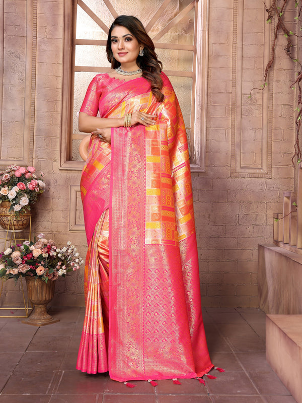 Vedant Vastram Soft Litchi Silk Kanjeevaram Silk Saree - Mustard - Distacart