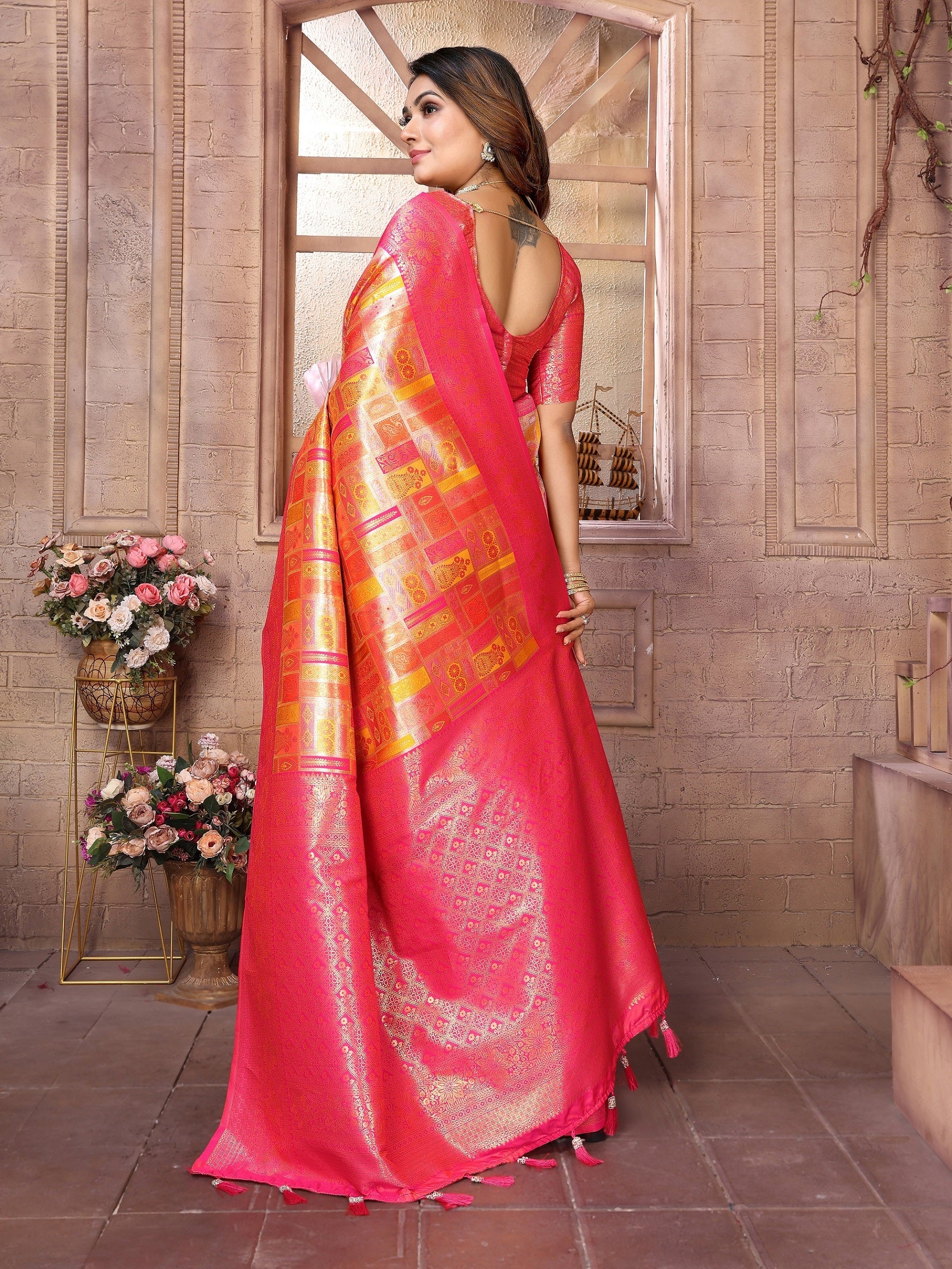 Vedant Vastram Soft Litchi Silk Kanjeevaram Silk Saree - Mustard - Distacart