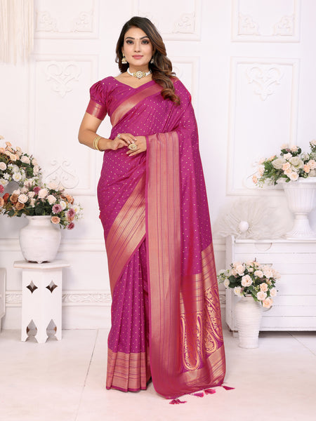 Vedant Vastram Soft Litchi Silk Banarasi Silk Saree - Magenta - Distacart