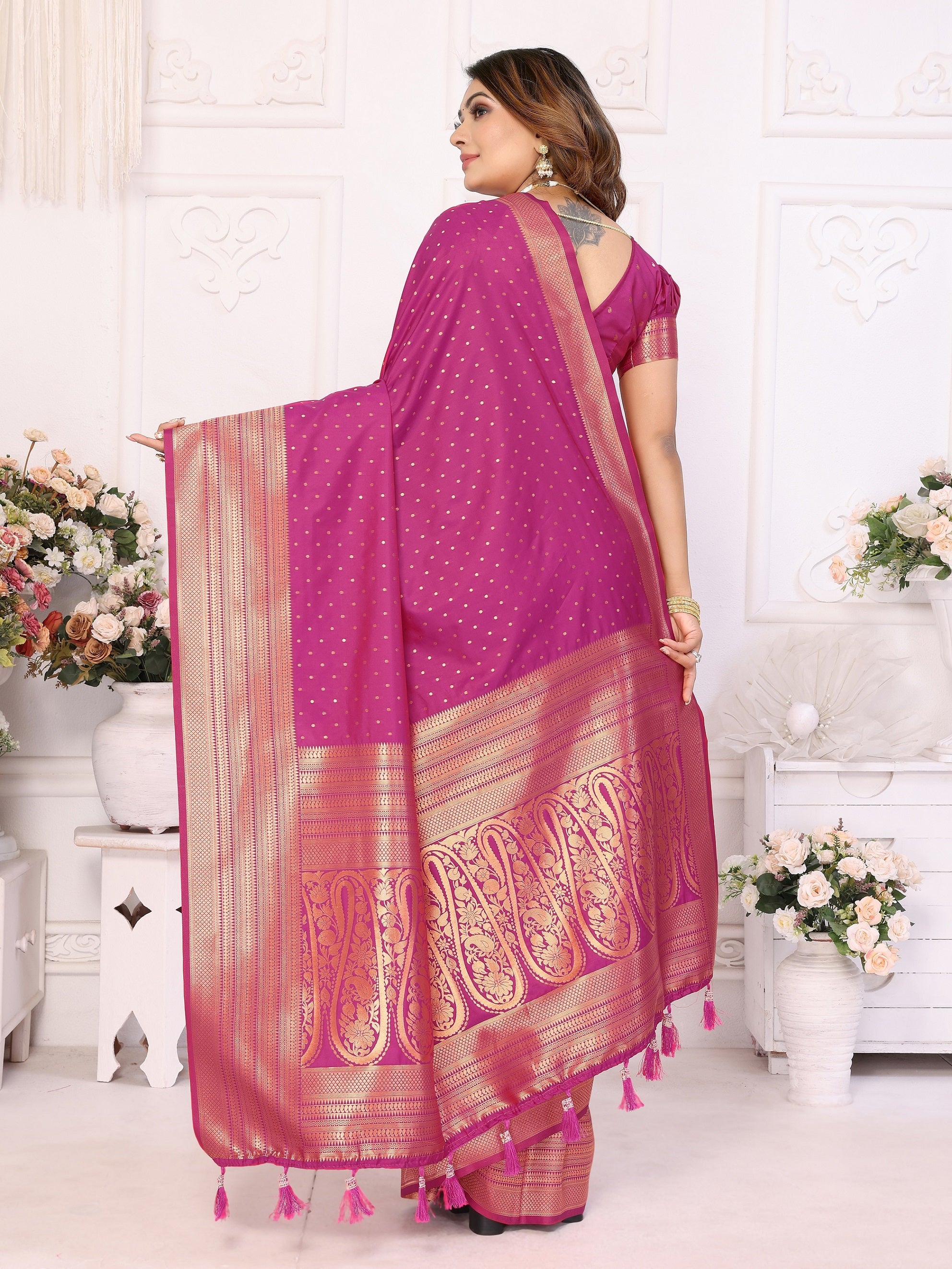 Vedant Vastram Soft Litchi Silk Banarasi Silk Saree - Magenta - Distacart