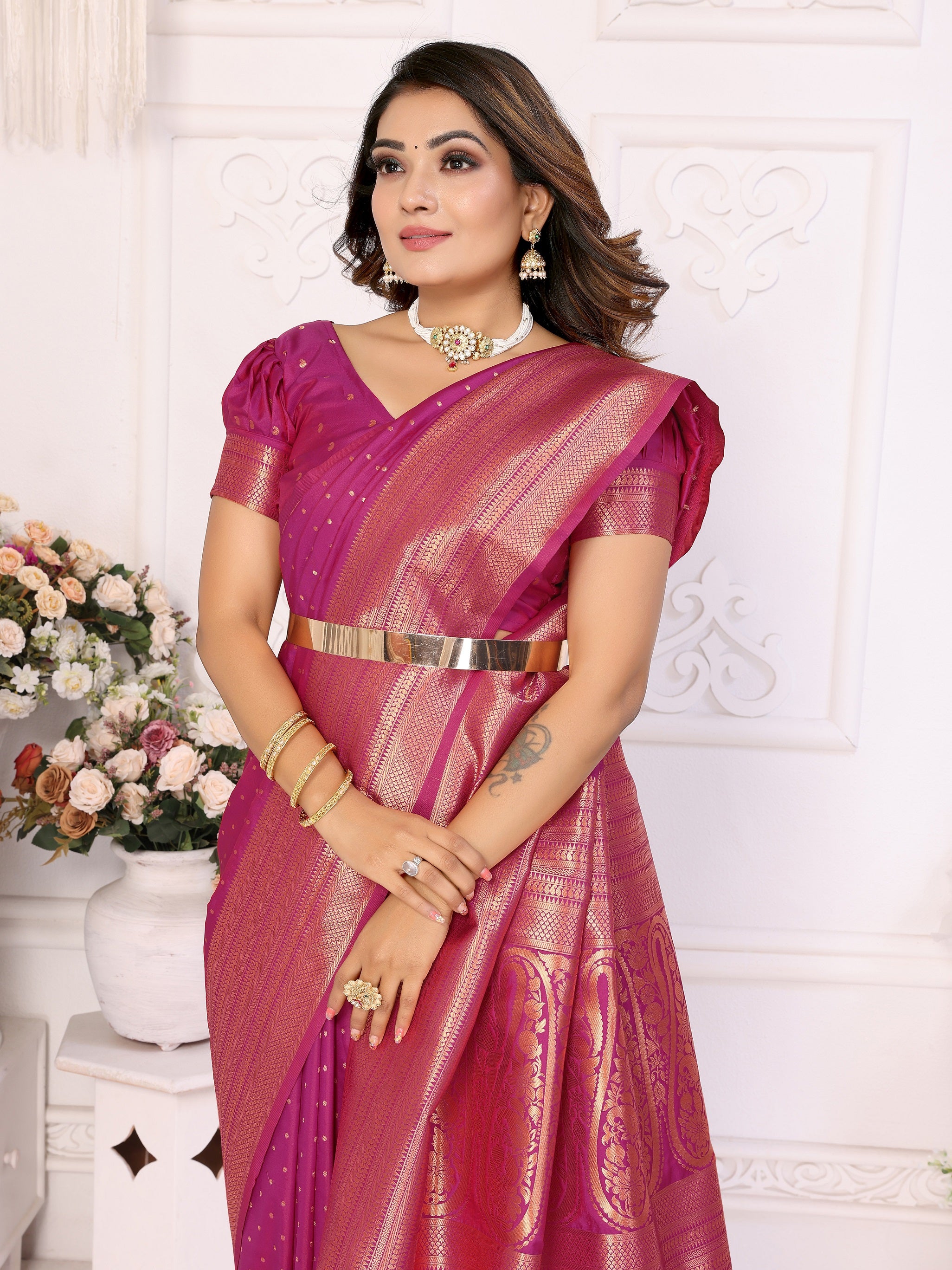 Vedant Vastram Soft Litchi Silk Banarasi Silk Saree - Magenta - Distacart