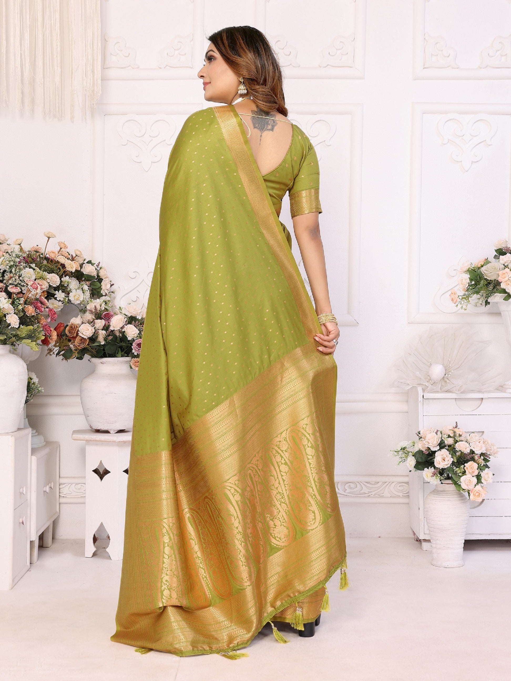 Vedant Vastram Soft Litchi Silk Banarasi Silk Saree - Mahendi - Distacart