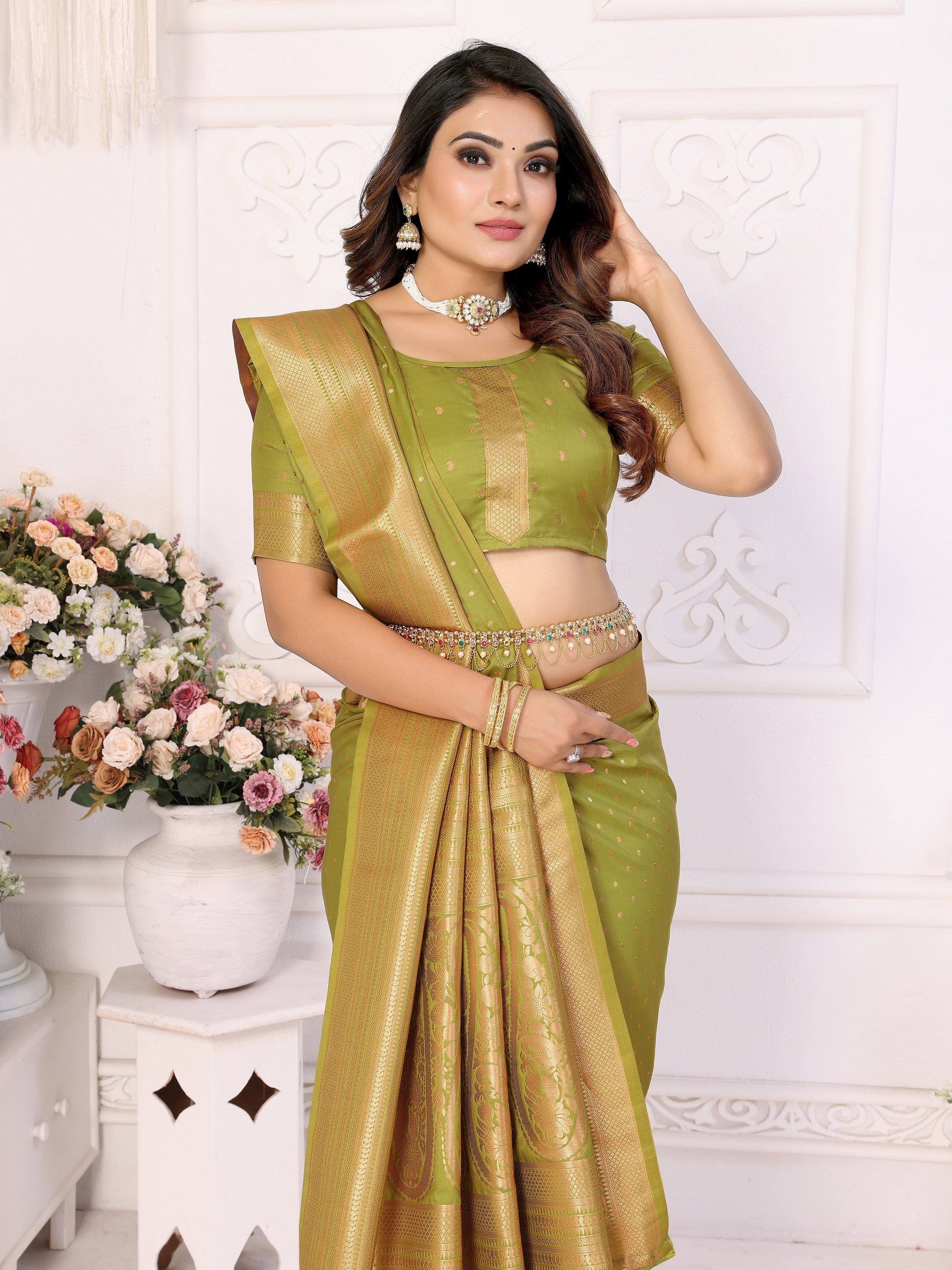 Vedant Vastram Soft Litchi Silk Banarasi Silk Saree - Mahendi - Distacart