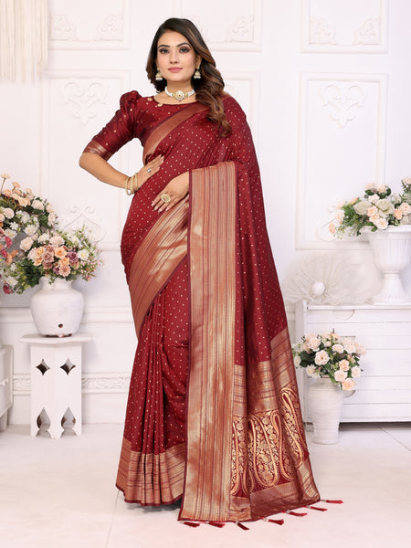 Vedant Vastram Soft Litchi Silk Banarasi Silk Saree - Maroon - Distacart