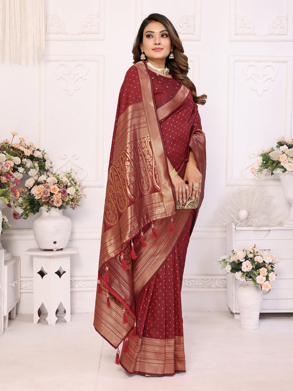 Vedant Vastram Soft Litchi Silk Banarasi Silk Saree - Maroon - Distacart