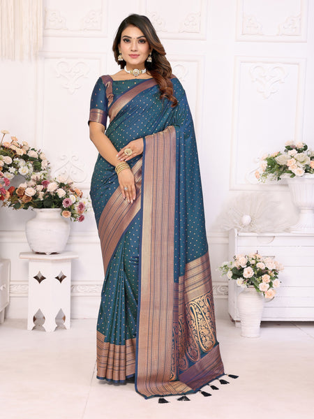 Vedant Vastram Soft Litchi Silk Banarasi Silk Saree - Navy - Distacart
