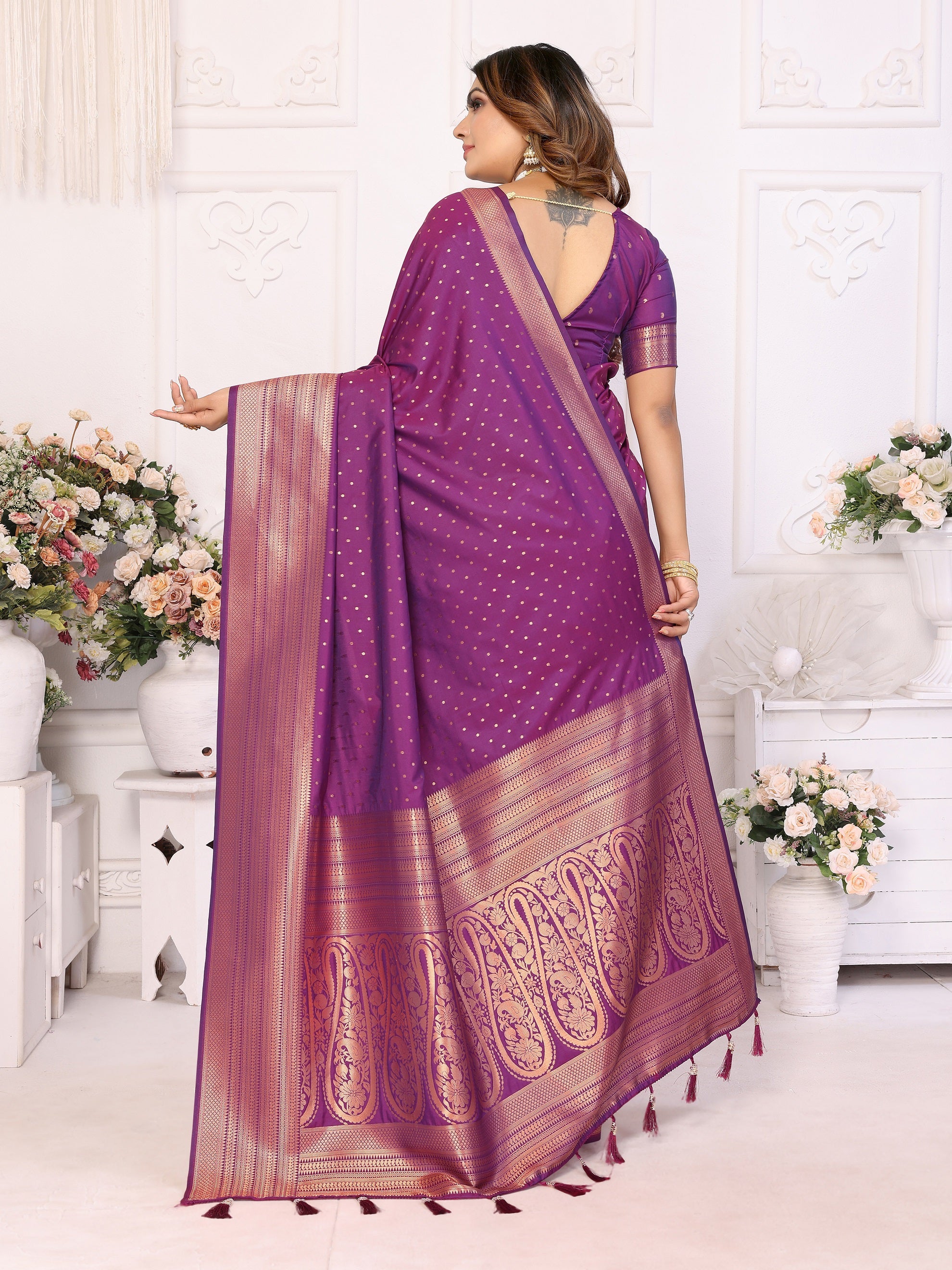 Vedant Vastram Soft Litchi Silk Banarasi Silk Saree - Purple - Distacart