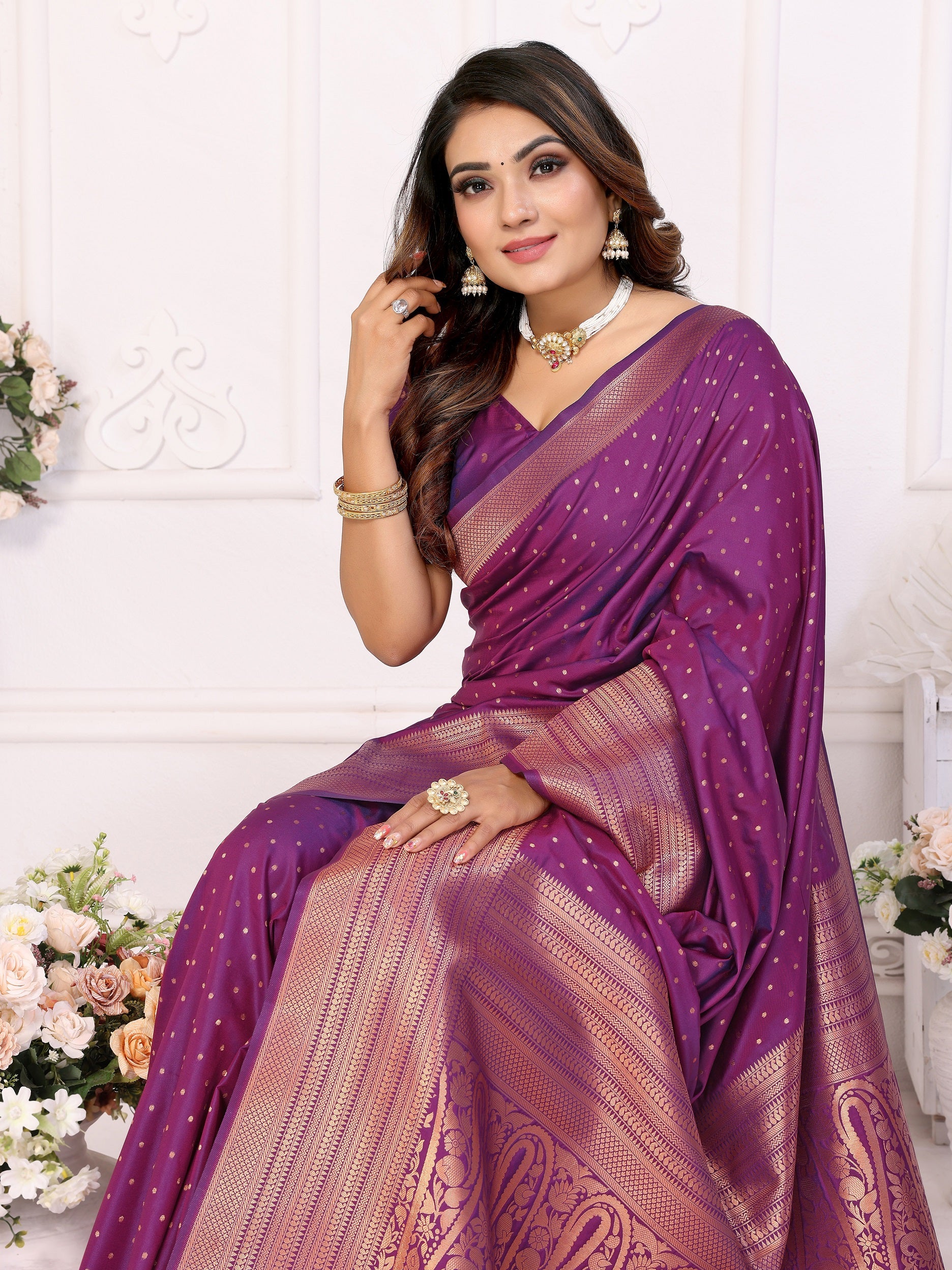 Vedant Vastram Soft Litchi Silk Banarasi Silk Saree - Purple - Distacart