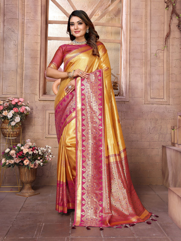 Vedant Vastram Tissue Silk Kanjeevaram Silk Saree - Mustard - Distacart