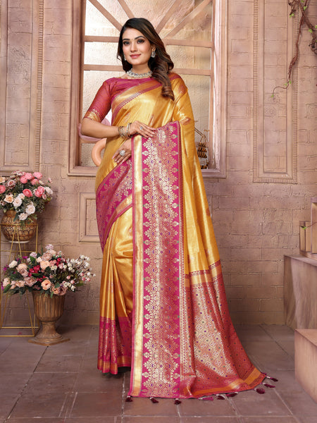 Vedant Vastram Tissue Silk Kanjeevaram Silk Saree - Mustard - Distacart
