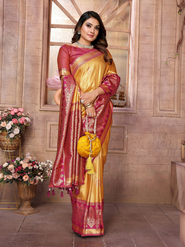 Vedant Vastram Tissue Silk Kanjeevaram Silk Saree - Mustard - Distacart