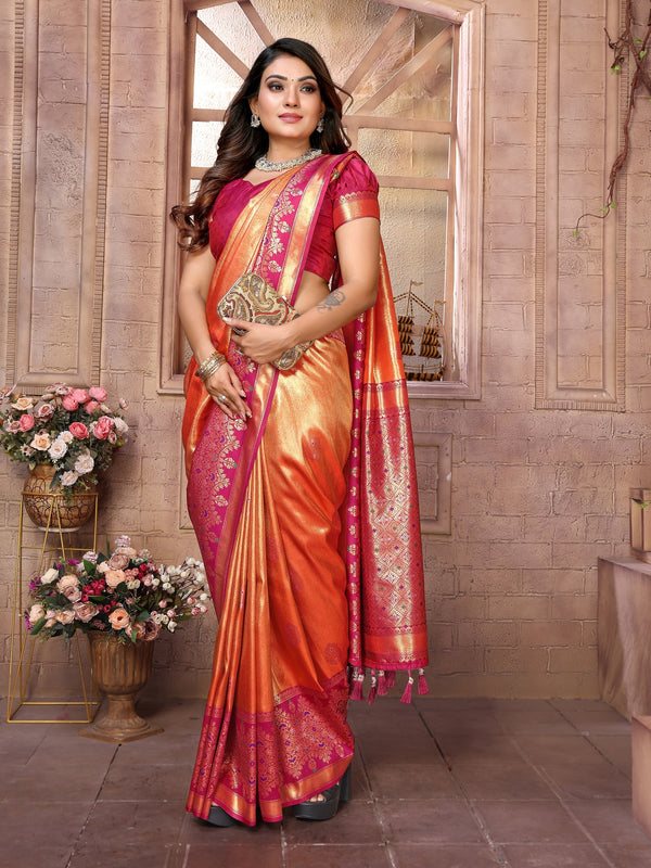 Vedant Vastram Tissue Silk Kanjeevaram Silk Saree - Orange - Distacart