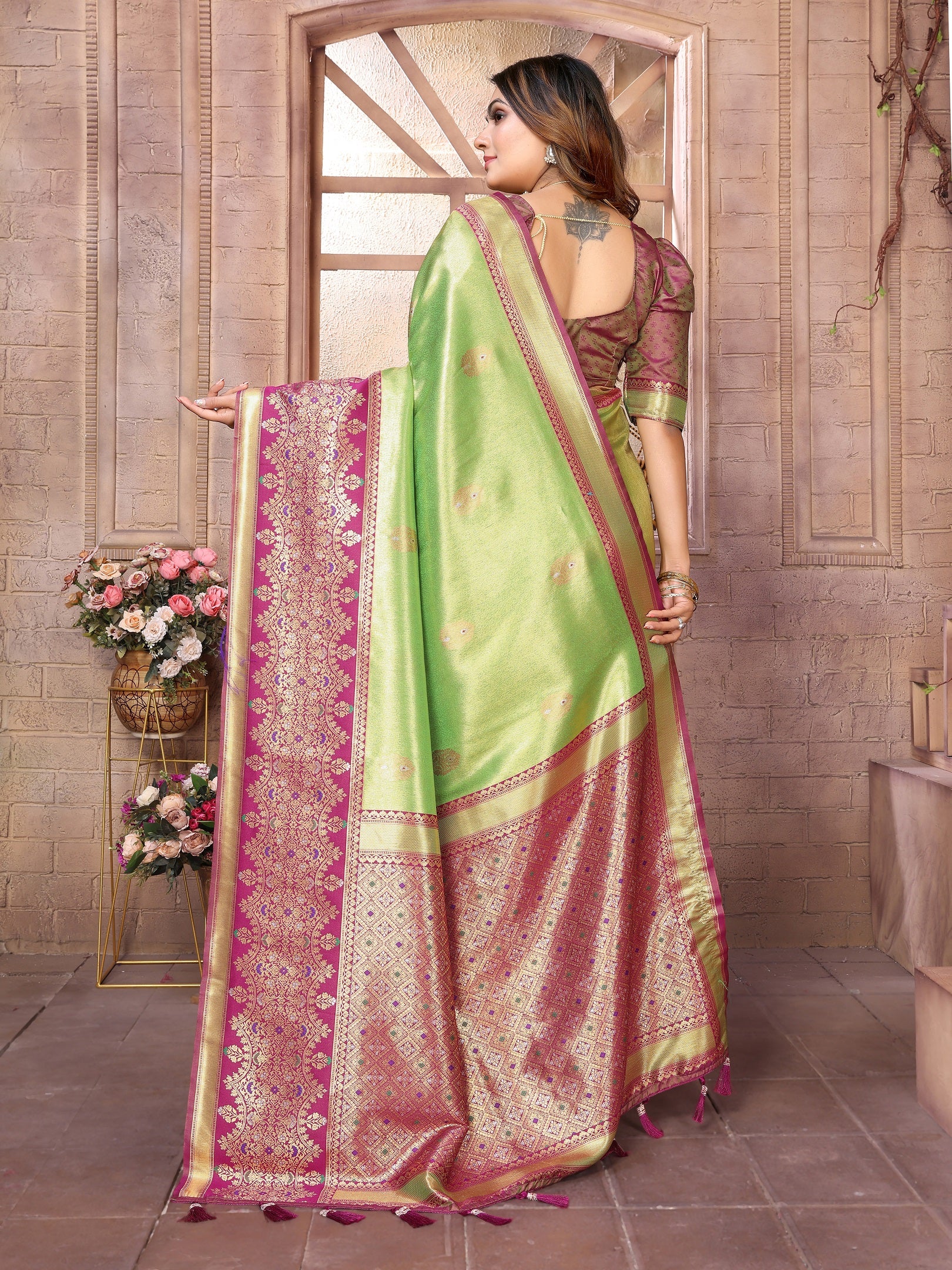 Vedant Vastram Tissue Silk Kanjeevaram Silk Saree - Parrot - Distacart