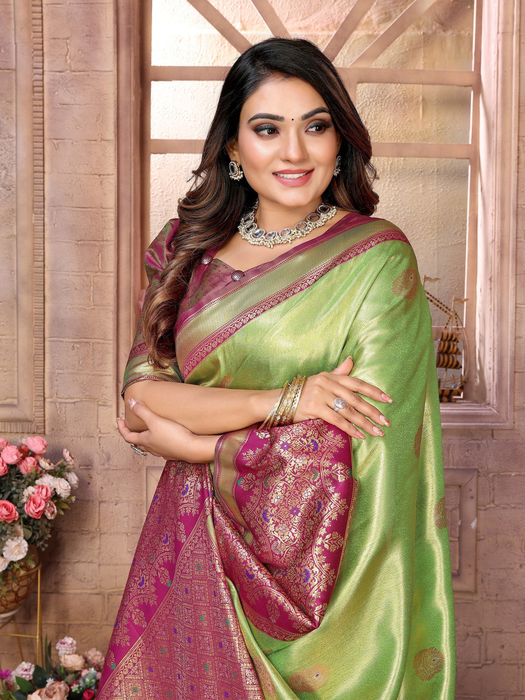 Vedant Vastram Tissue Silk Kanjeevaram Silk Saree - Parrot - Distacart