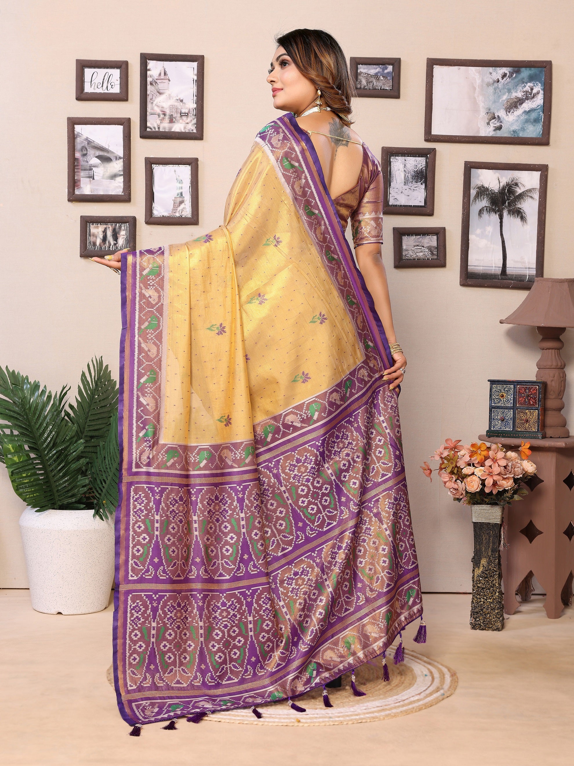 Vedant Vastram Tissue Silk Patola Design Kanjeevaram Silk Saree - Beige - Distacart