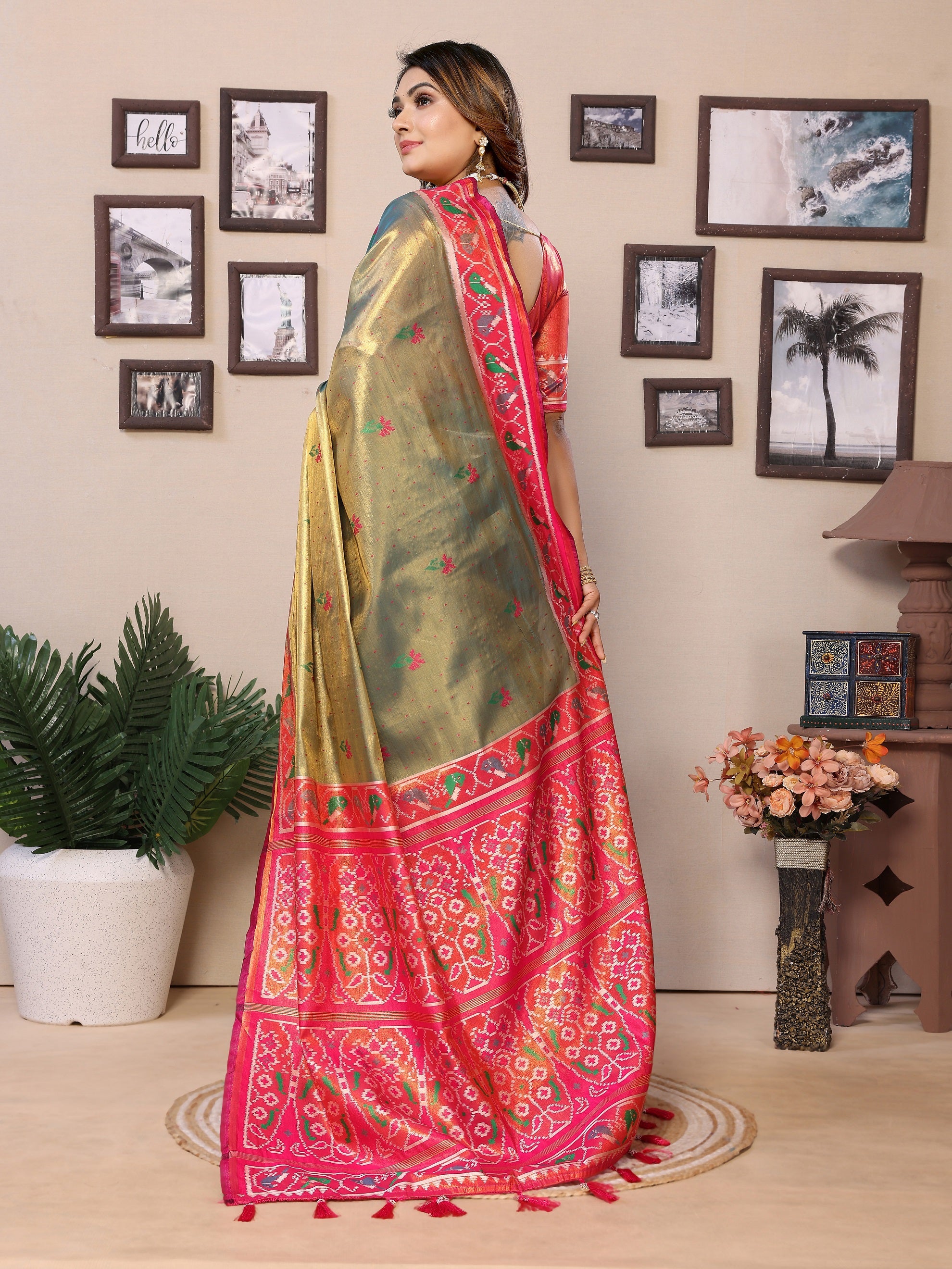 Vedant Vastram Tissue Silk Patola Design Kanjeevaram Silk Saree - Mahendi - Distacart