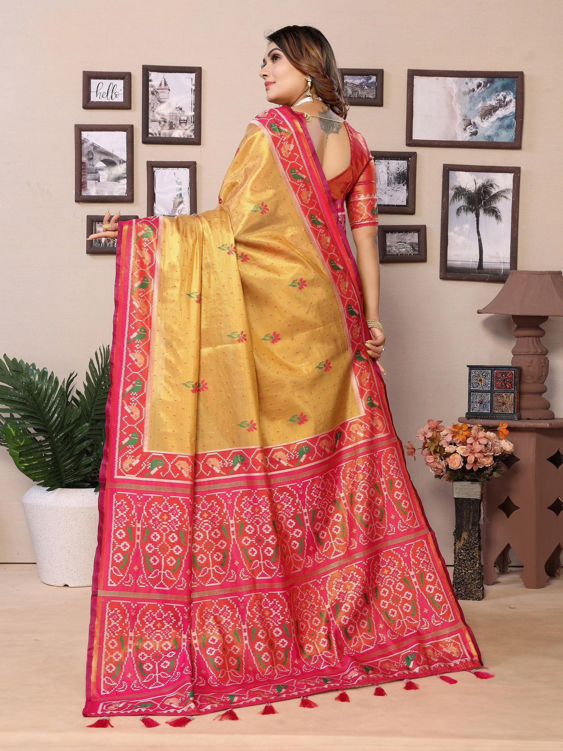 Vedant Vastram Tissue Silk Patola Design Kanjeevaram Silk Saree - Mustard - Distacart