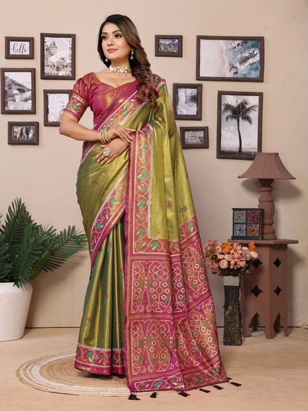 Vedant Vastram Tissue Silk Patola Design Kanjeevaram Silk Saree - Olive - Distacart