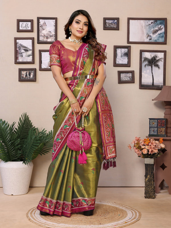 Vedant Vastram Tissue Silk Patola Design Kanjeevaram Silk Saree - Olive - Distacart