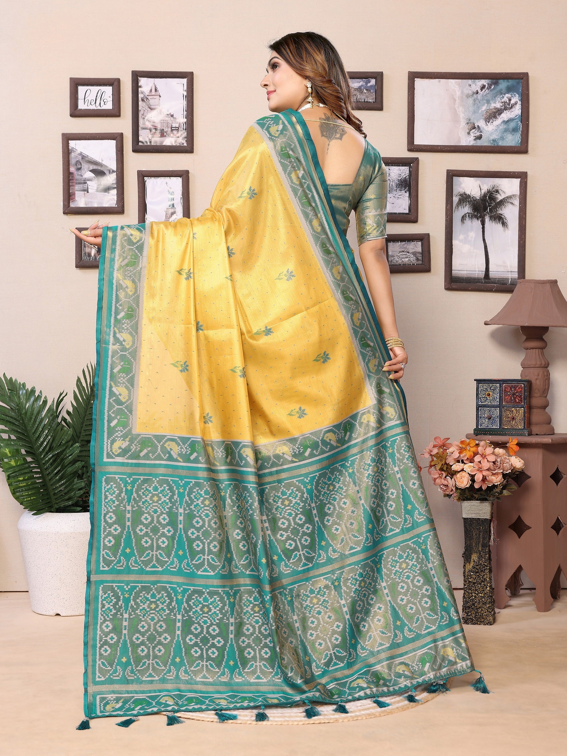 Vedant Vastram Tissue Silk Patola Design Kanjeevaram Silk Saree - Yellow - Distacart