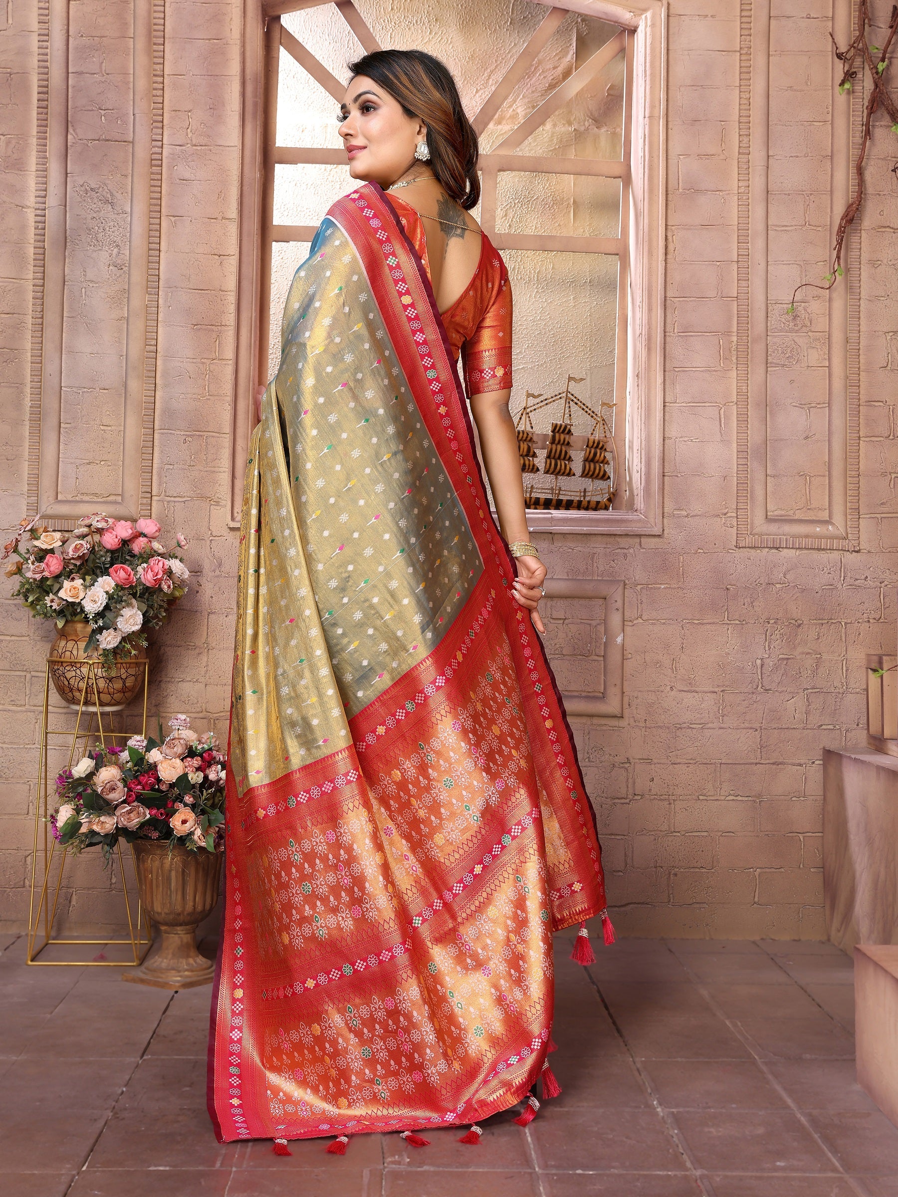 Vedant Vastram Tissue Silk Patola Design Kanjeevaram Silk Saree - Grey - Distacart