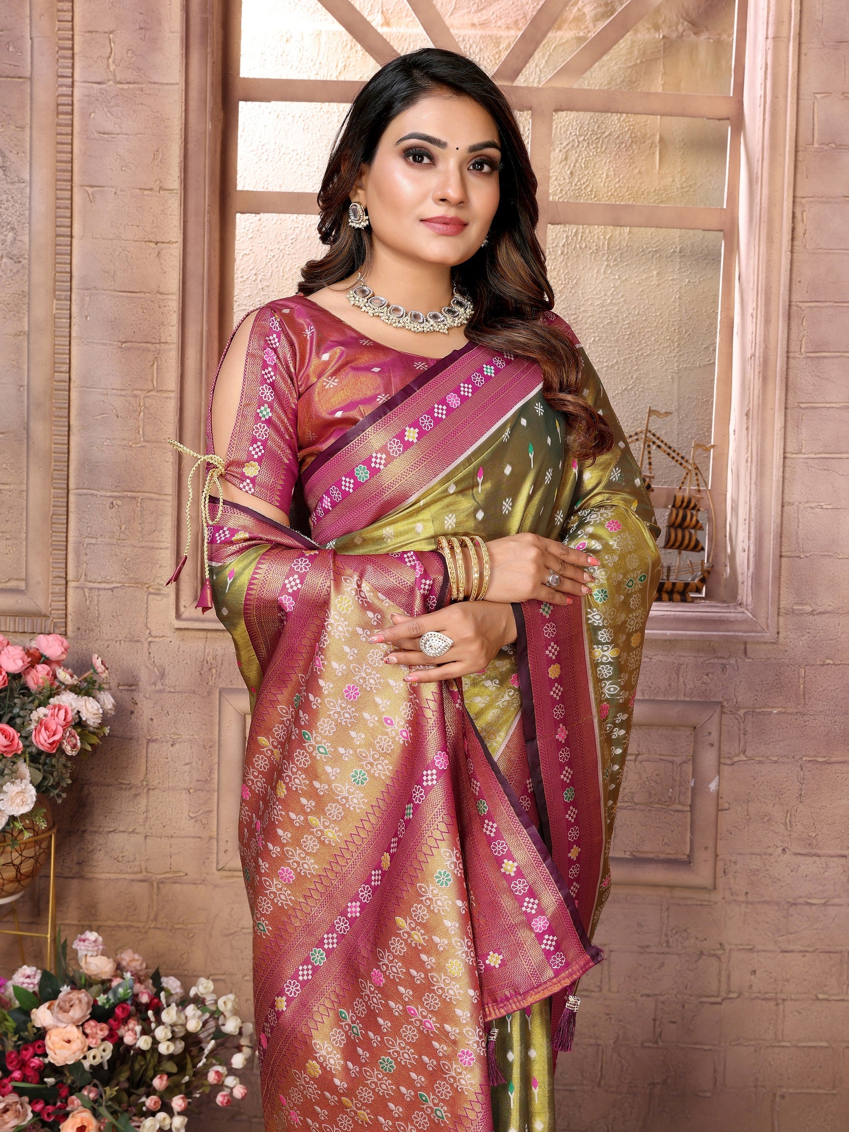 Vedant Vastram Tissue Silk Patola Design Kanjeevaram Silk Saree - Olive - Distacart