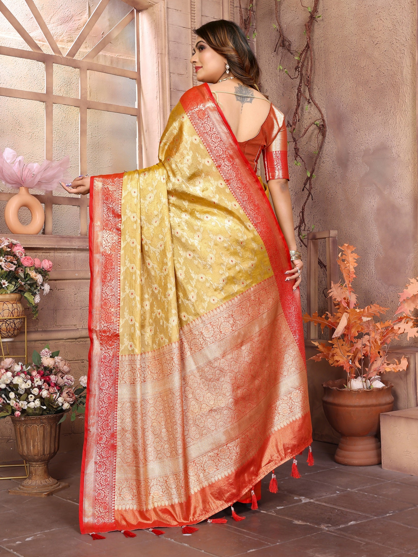 Vedant Vastram Tissue Silk Kanjeevaram Silk Saree - Mustard - Distacart