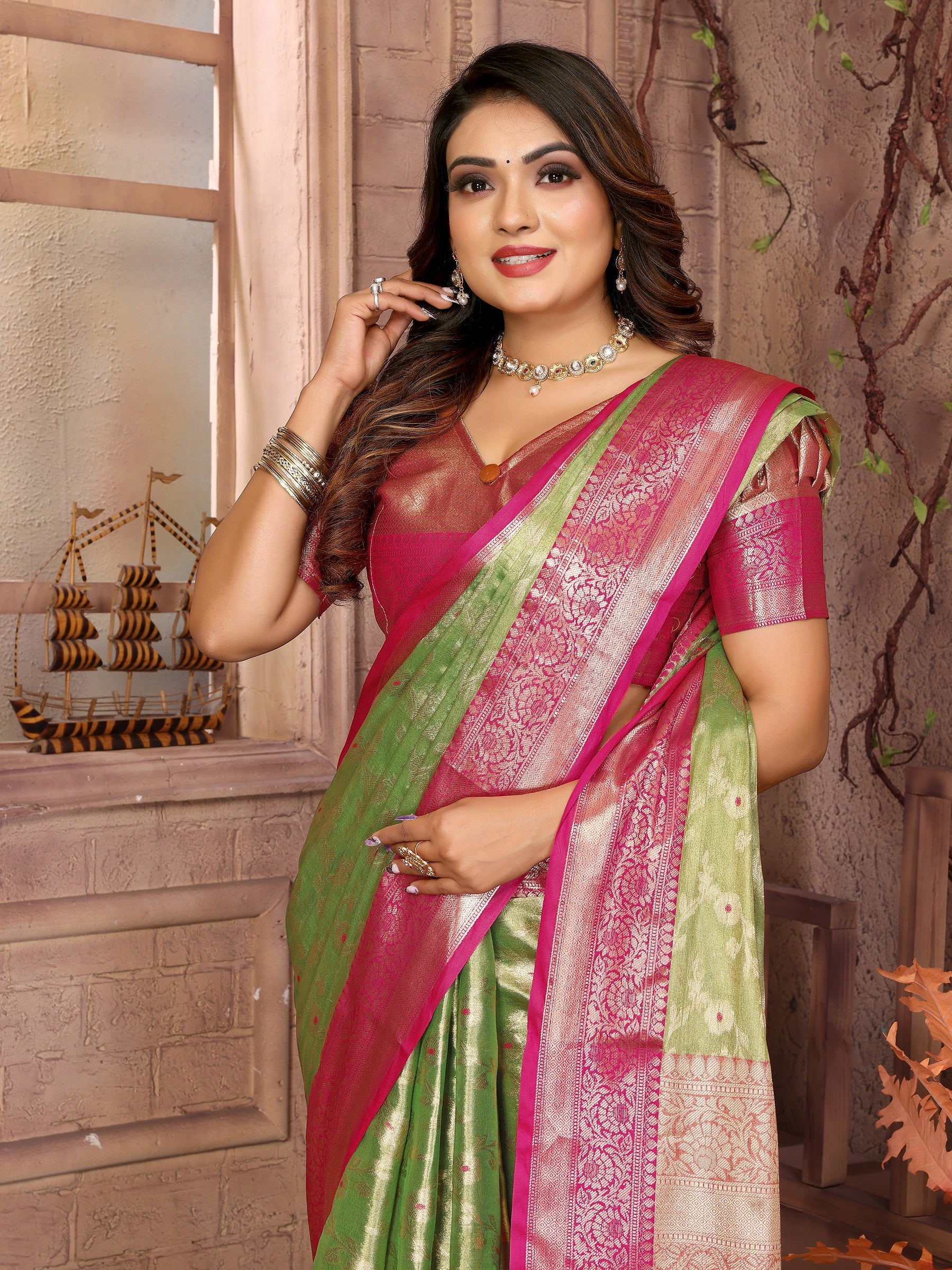 Vedant Vastram Tissue Silk Kanjeevaram Silk Saree - Parrot - Distacart