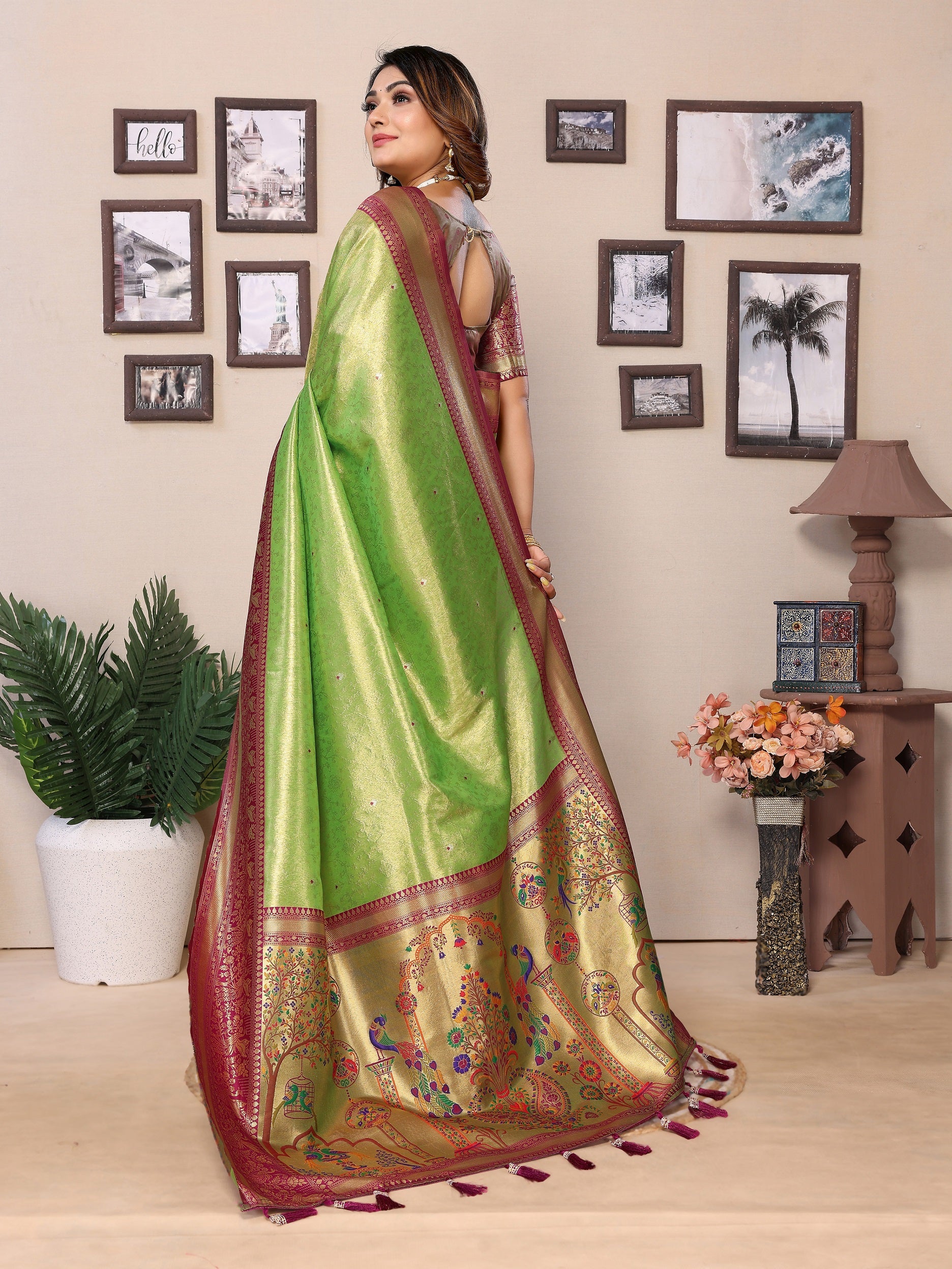 Vedant Vastram Tissue Silk Paithani Silk Saree - Parrot - Distacart