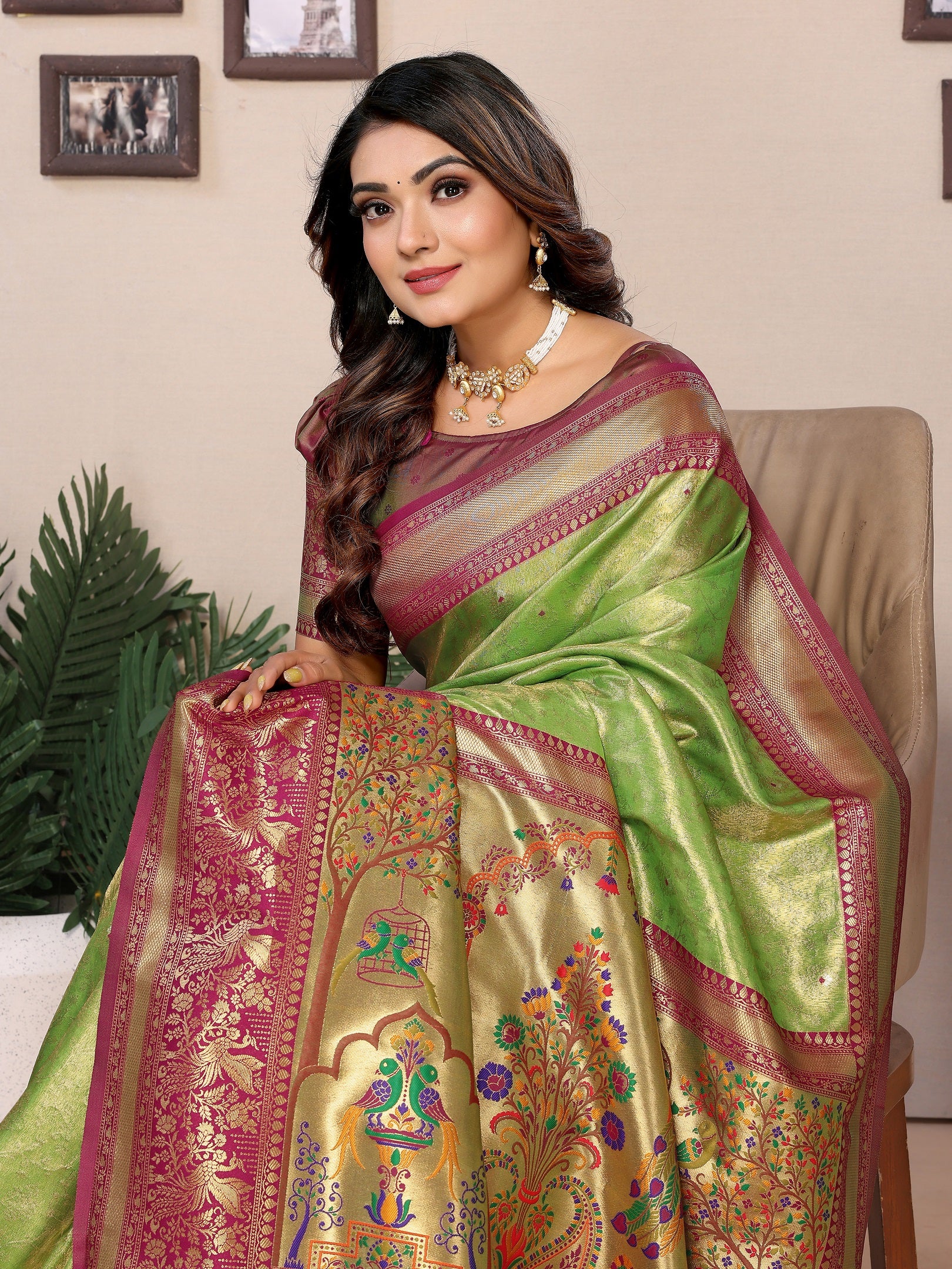 Vedant Vastram Tissue Silk Paithani Silk Saree - Parrot - Distacart