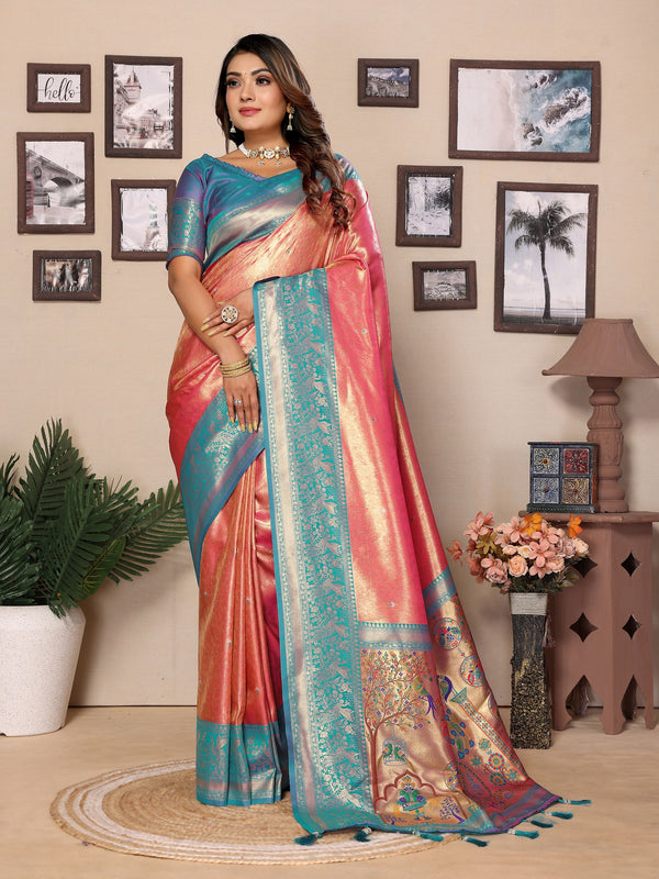 Vedant Vastram Tissue Silk Paithani Silk Saree - Peach - Distacart