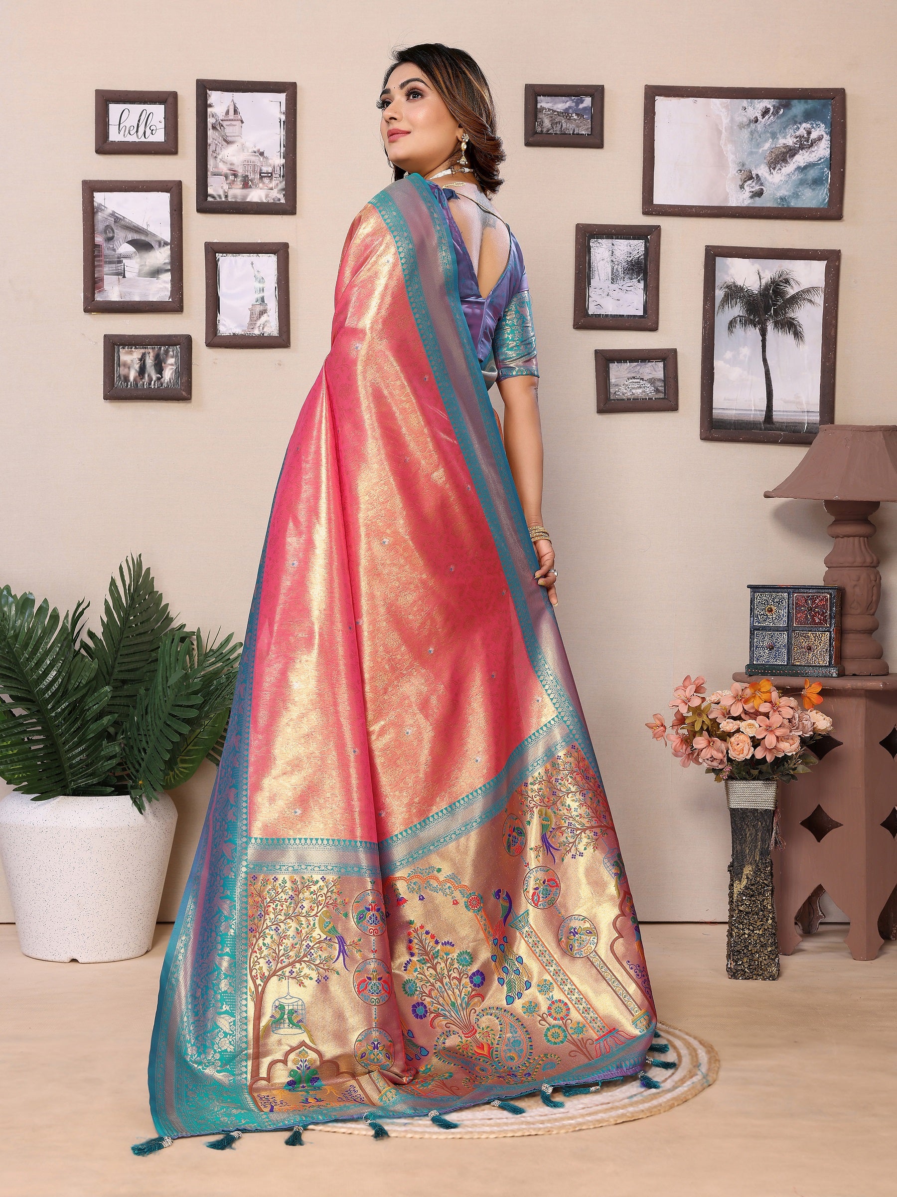 Vedant Vastram Tissue Silk Paithani Silk Saree - Peach - Distacart
