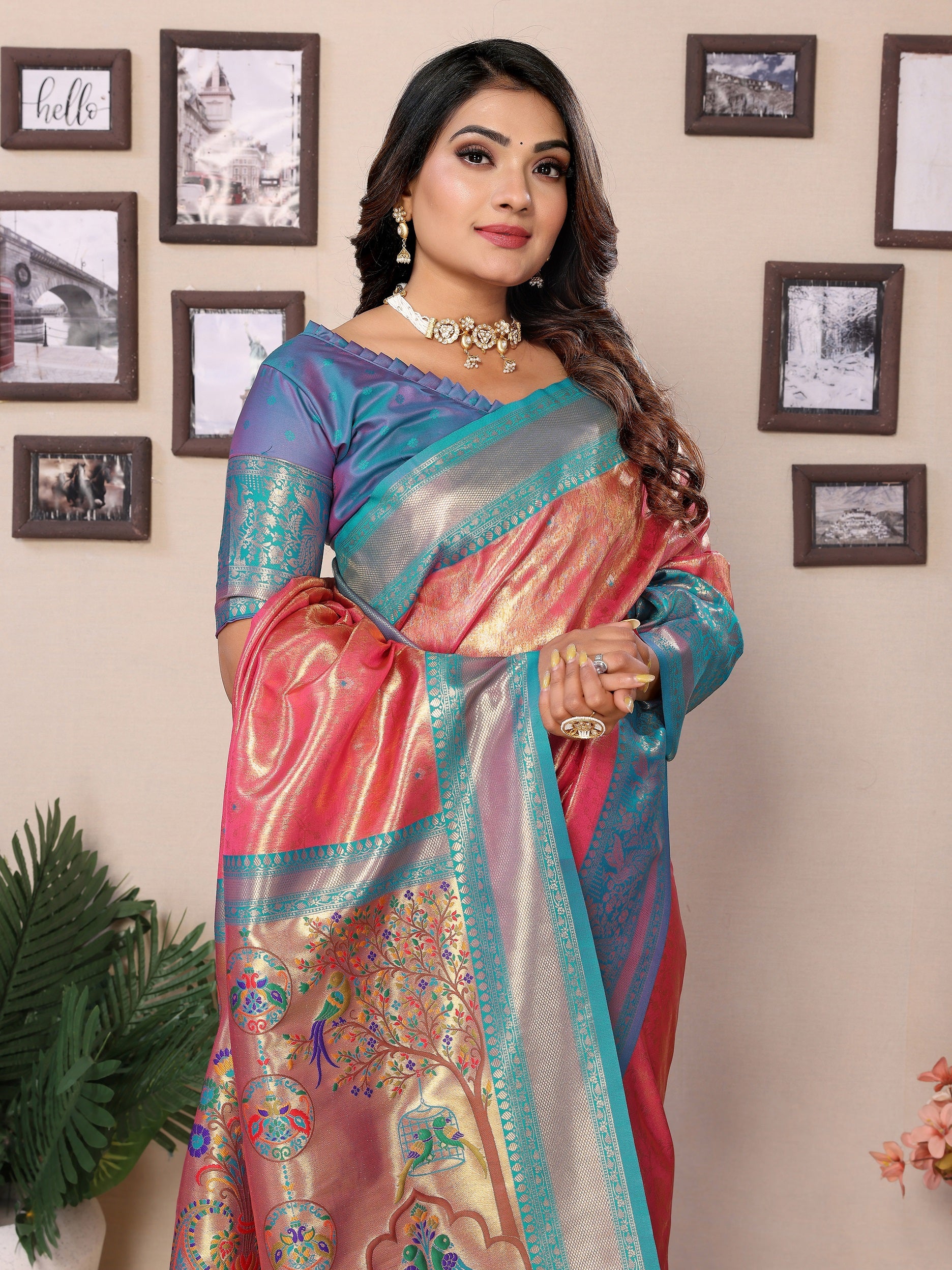 Vedant Vastram Tissue Silk Paithani Silk Saree - Peach - Distacart