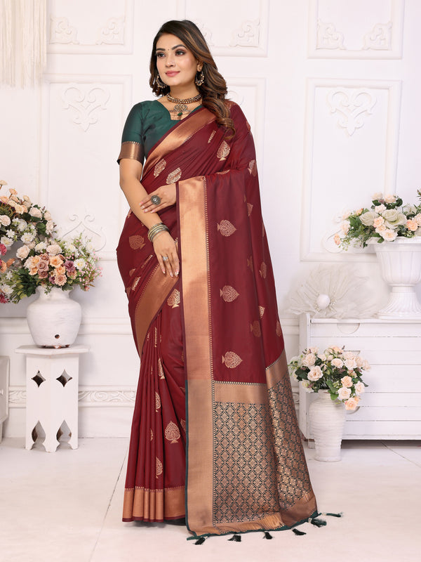 Vedant Vastram Soft Litchi Silk Banarasi Silk Saree - Maroon - Distacart