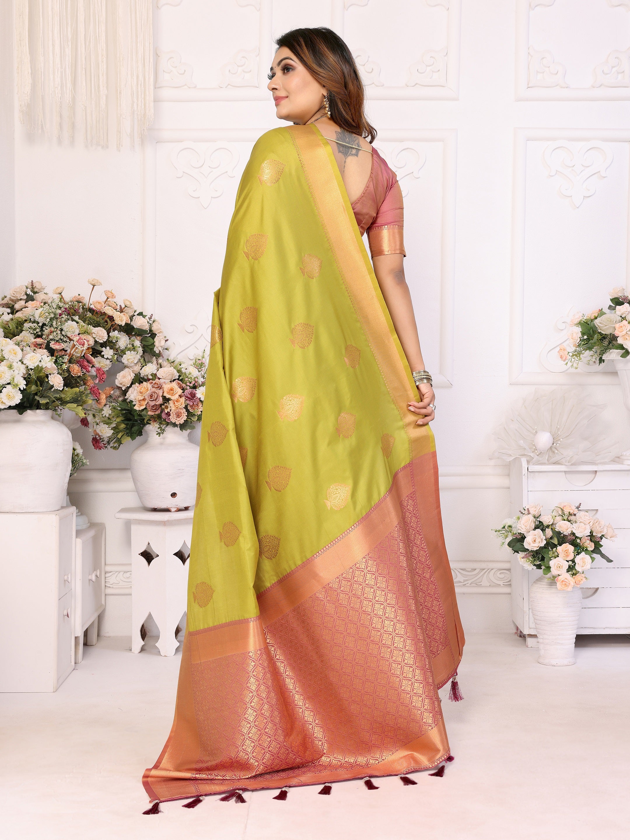 Vedant Vastram Soft Litchi Silk Banarasi Silk Saree - Olive - Distacart